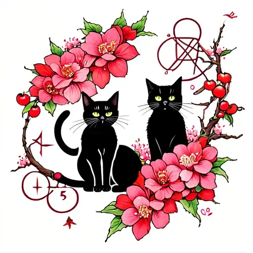 Back tattoo with red and pink cherry blossoms and witchcraft signs mo tarot pentacles cat symbols tattoo design idea