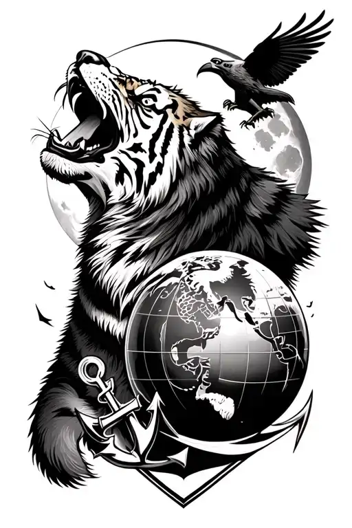 wolf howling at moon with Tiger showing teeth and an eagle globe and anchor  tattoo design idea