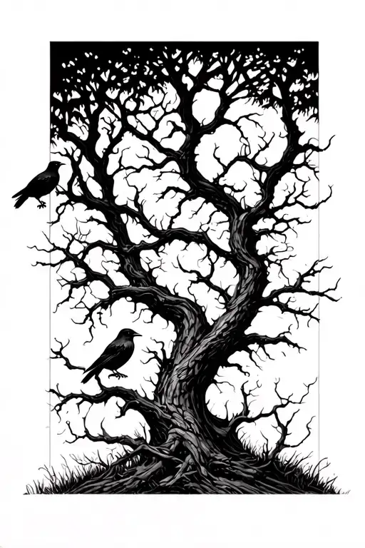 Silhouetted Forest: Twisted, leafless trees stretching upward, with ravens perched on branches and a few in flight. tattoo design idea