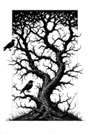 Silhouetted Forest: Twisted, leafless trees stretching upward, with ravens perched on branches and a few in flight. tattoo design idea