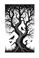 Silhouetted Forest: Twisted, leafless trees stretching upward, with ravens perched on branches and a few in flight. tattoo design idea
