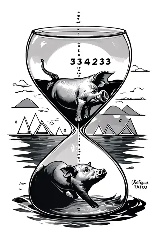  hour glass where the top half has a pig swimming and the bottom half has 3 triangles and "534293" tattoo design idea