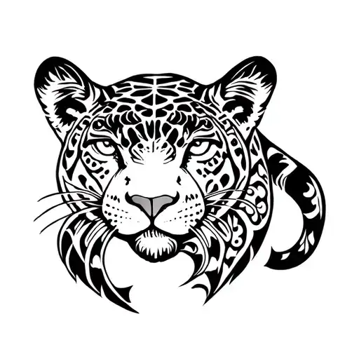 Draw an american trad panther as a jaguar in a mayan line art artisanal style tattoo design idea