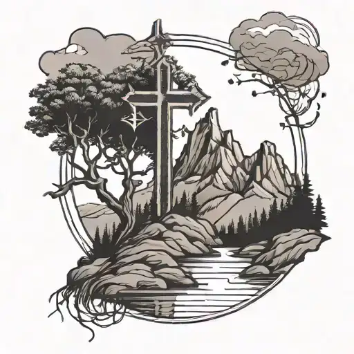 3 solid black crosses with trees, a river and mountains in the background tattoo design idea