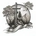 3 solid black crosses with trees, a river and mountains in the background tattoo design idea