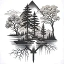 3 solid black crosses with trees, a river and mountains in the background tattoo design idea