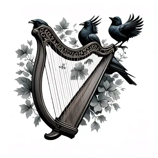 irish harp with an irish traditional dark background with crows and other elements tattoo design idea