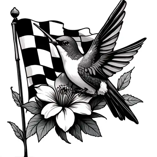 a humming bird and a flower and checkered flag tattoo design idea