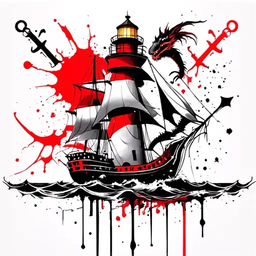 lighthouse ship with dragon skulls daggers and anchor tattoo design idea