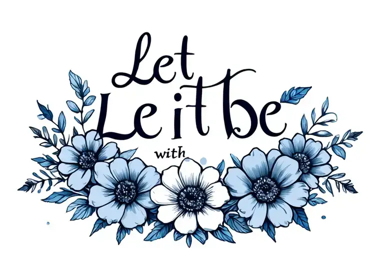 Let it be with flowers surrounding the words in shades of blue and grey tattoo design idea