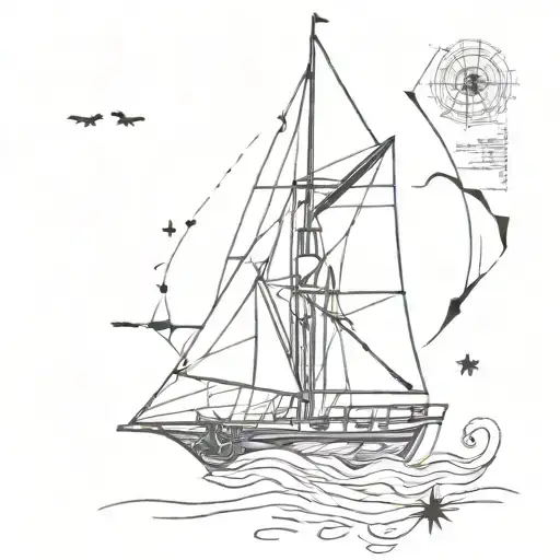 a ship in the style of trash polka, behind the ship a wind rose and newspaper clippings tattoo design idea