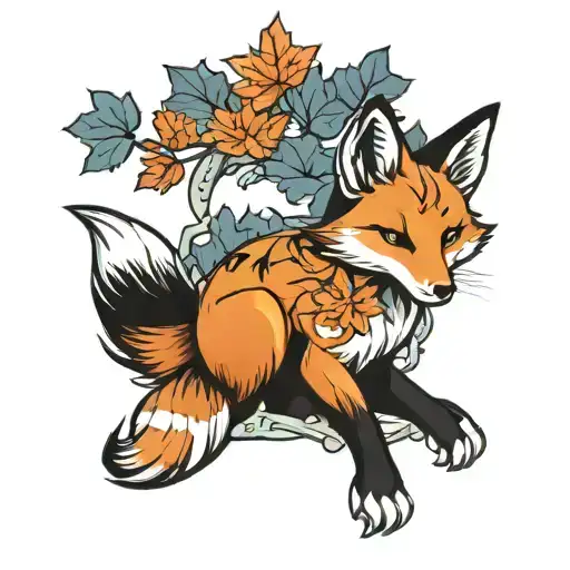 anime fox with maple leaves tattoo design idea