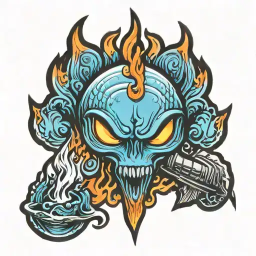 badminton fire and water with alien face tattoo design idea