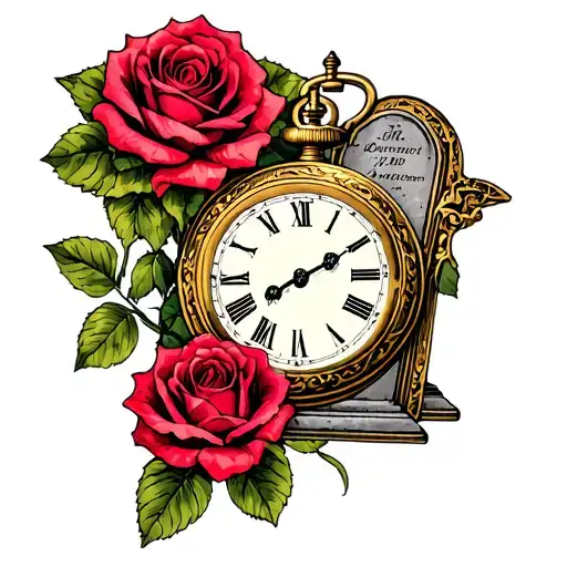 roses collage with headstone and pocket watch tattoo design idea