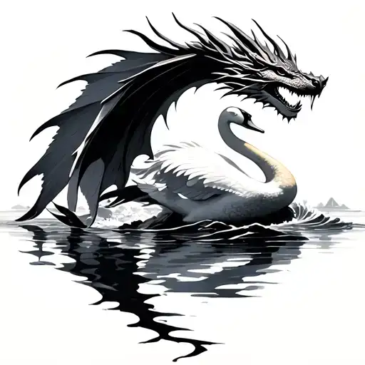 dragon flying away with a swan seen from the front tattoo design idea