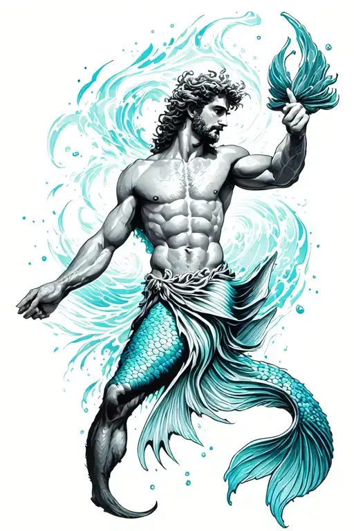 Poseidon, involving a single merman and the light use of turquoise and blues but mainly a black tattoo add more waves tattoo design idea