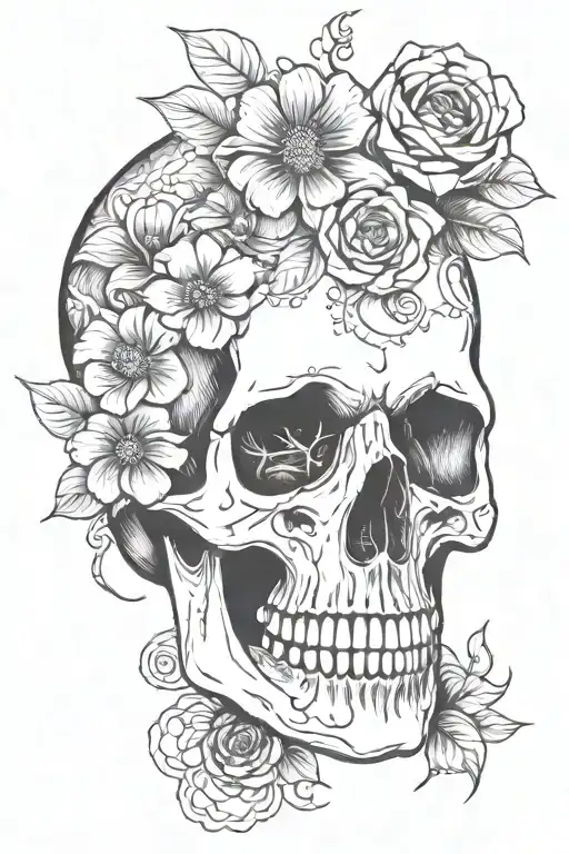  half of a skull, the other half of the skull are flowers, and a snake coming out of the skull tattoo design idea