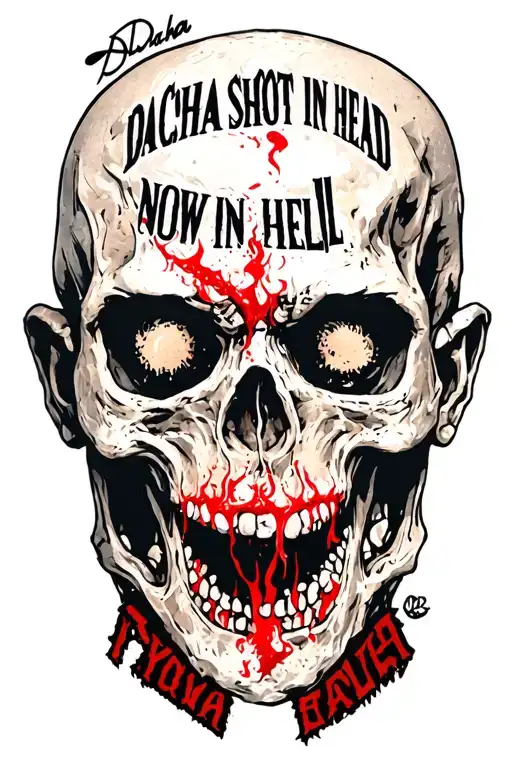 "Dacha shot in head now in hell" Gangster tattoo design idea