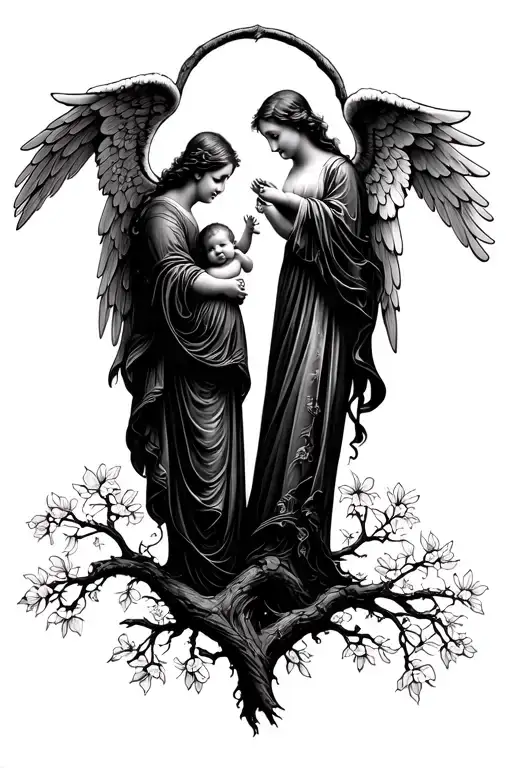 dogwood tree, Angels holding hands with a baby, heaven gates  tattoo design idea