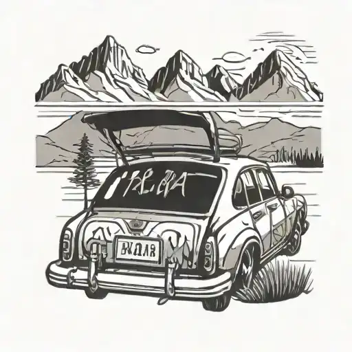 the back of a car with the license plate 'ABBA" driving towards the mountains. musical notes rising from the mountains  tattoo design idea