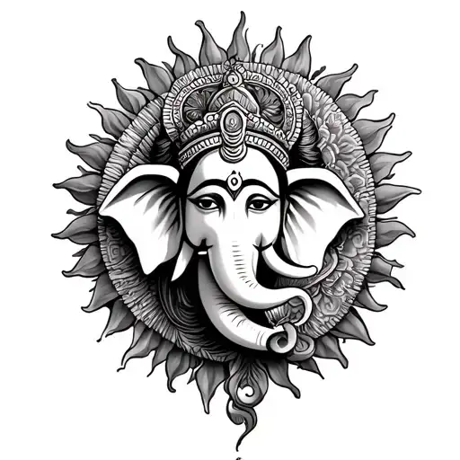 trisul with sun and ganesh god tattoo design idea