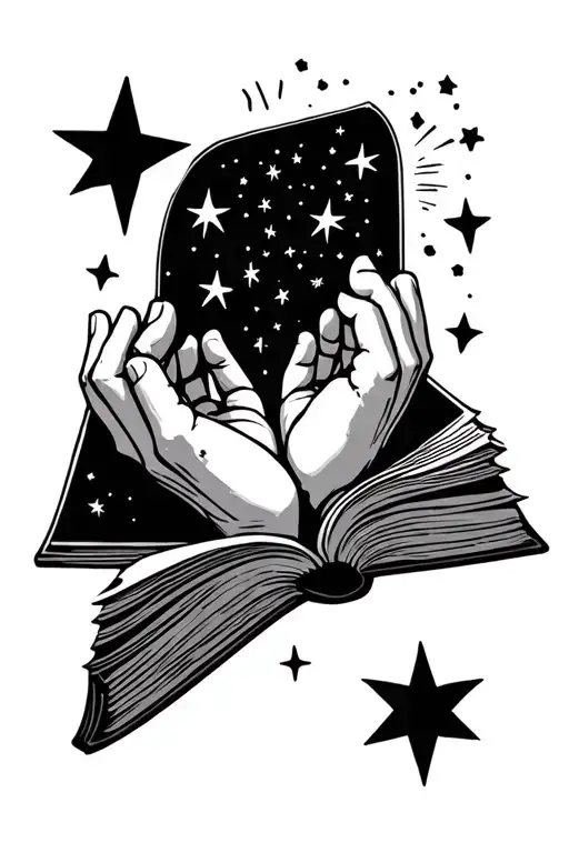 "Perfectly Misaligned" cupped hands where stars emerge and an open book tattoo design idea