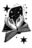 "Perfectly Misaligned" cupped hands where stars emerge and an open book tattoo design idea