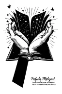"Perfectly Misaligned" cupped hands where stars emerge and an open book tattoo design idea