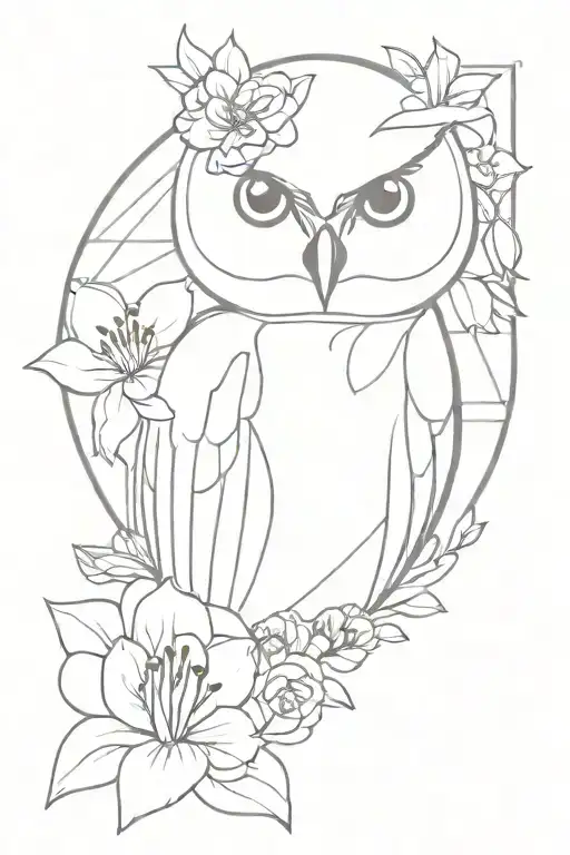 owl face with no geometric surrounded by cosmo flower and gladiolus flower tattoo design idea