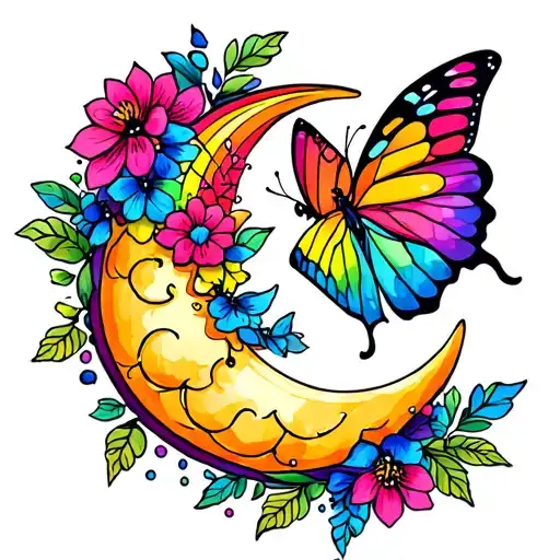 Sun, moon, hearts, rainbow butterfly and flowers tattoo design idea