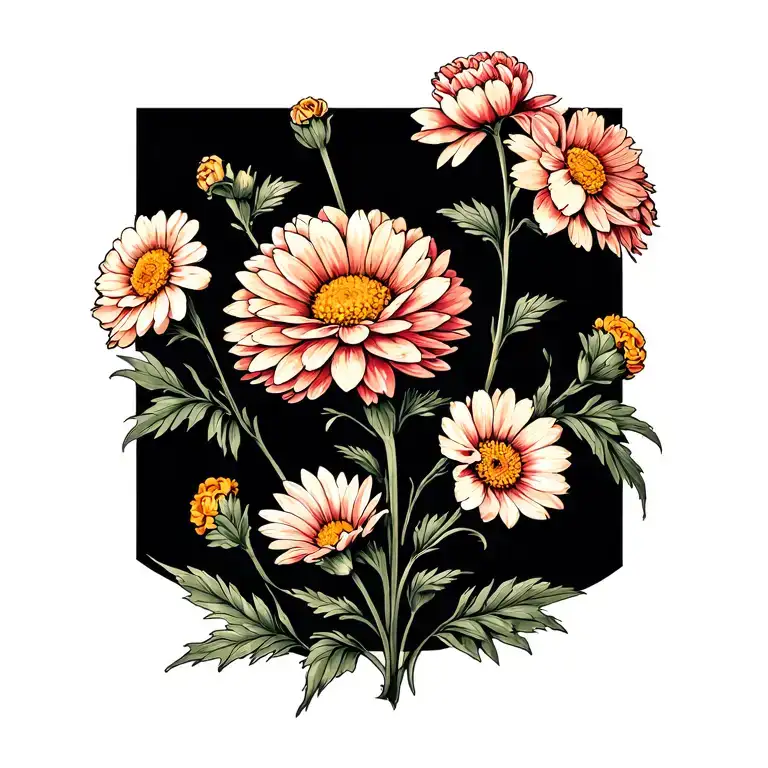 chrysanthemum carnation daisy marigold flowers tattoo design idea