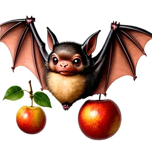 cute hanging bat tattoo with piece of fruit bat tattoo design idea