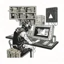 A futuristic cyberpunk scene of a hacker breaking into an ATM with a laptop, surrounded by stacks of money and debit cards tattoo design idea