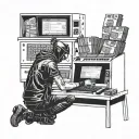 A futuristic cyberpunk scene of a hacker breaking into an ATM with a laptop, surrounded by stacks of money and debit cards tattoo design idea