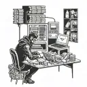 A futuristic cyberpunk scene of a hacker breaking into an ATM with a laptop, surrounded by stacks of money and debit cards tattoo design idea