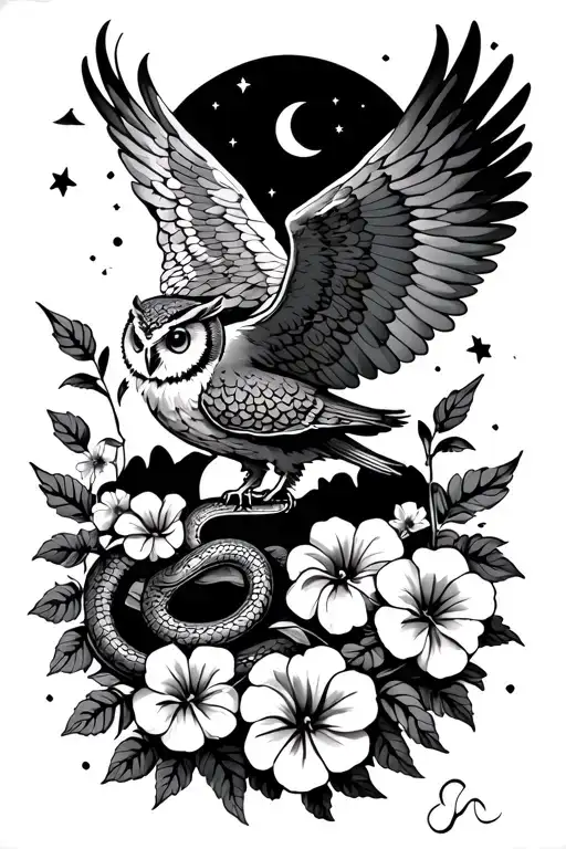 Kite with owl wings flying in a night sky with petunia flowers and snake  tattoo design idea