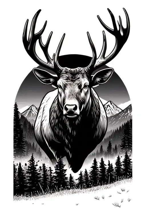 bull elk with mountains tattoo design idea