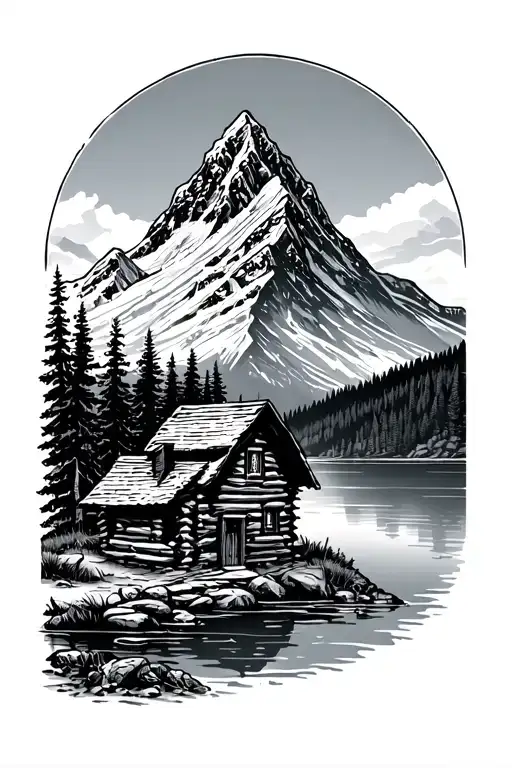 The swedish mountain kebnekaise, with a lake and a log house tattoo design idea