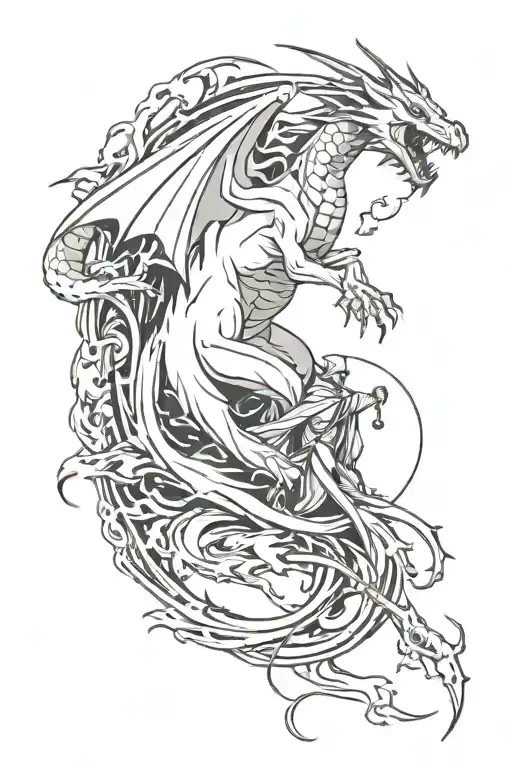 mage and dragon flying tattoo design idea
