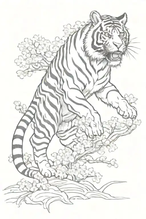 a tiger walking  with a dragon walking around it with cherry blossoms  tattoo design idea
