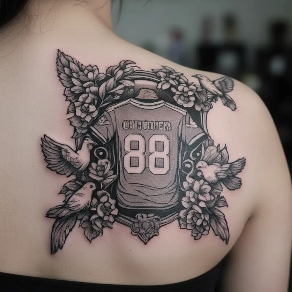 #8 football jersey on a hanger with doves and flowers around tattoo design idea