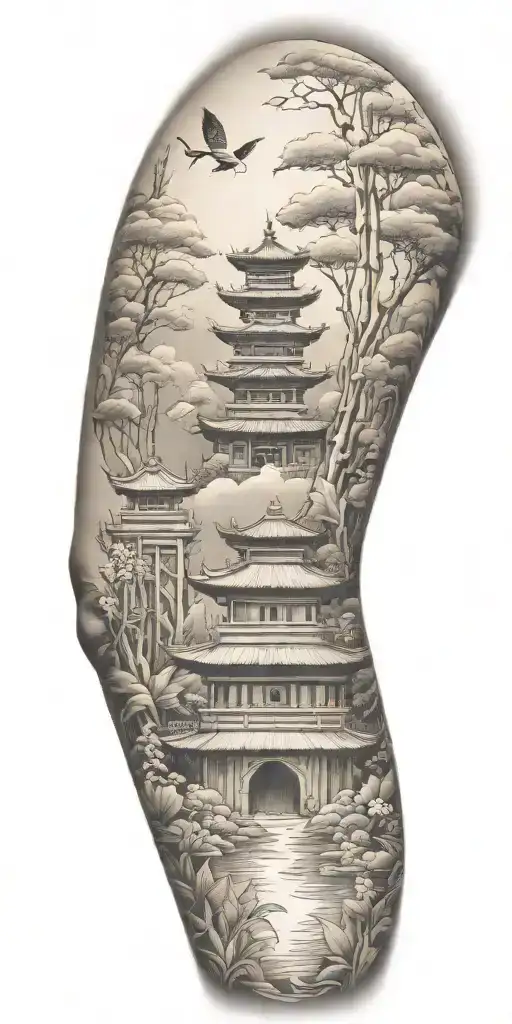 traditional scenario of nature inspired by Buddhist symbols. include bamboo, lotus, koi fish representing a spiritual  tattoo design idea