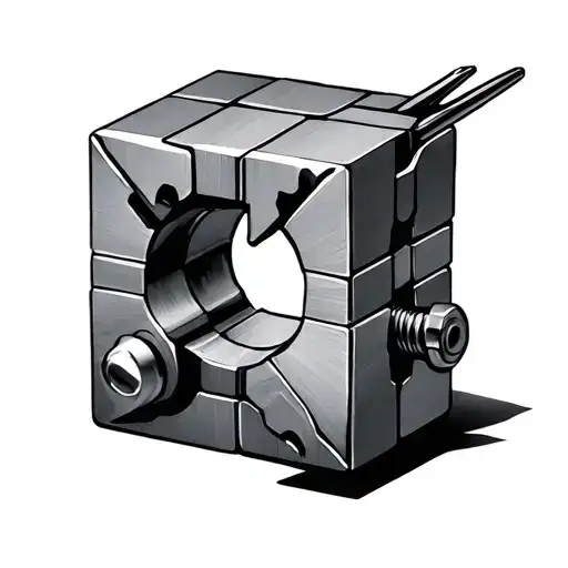 Cube with caliper laid on top tattoo design idea