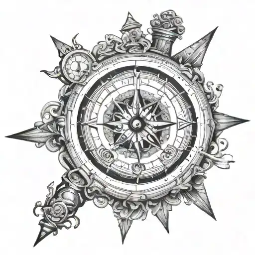a compass pointing north and above it a Roman clock  tattoo design idea