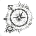 a compass pointing north and above it a Roman clock  tattoo design idea