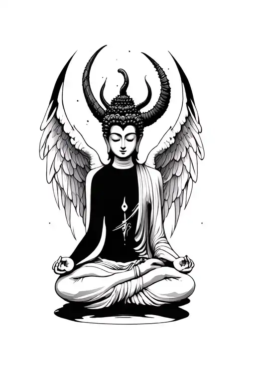 buda half meditating devil half angel tattoo design idea