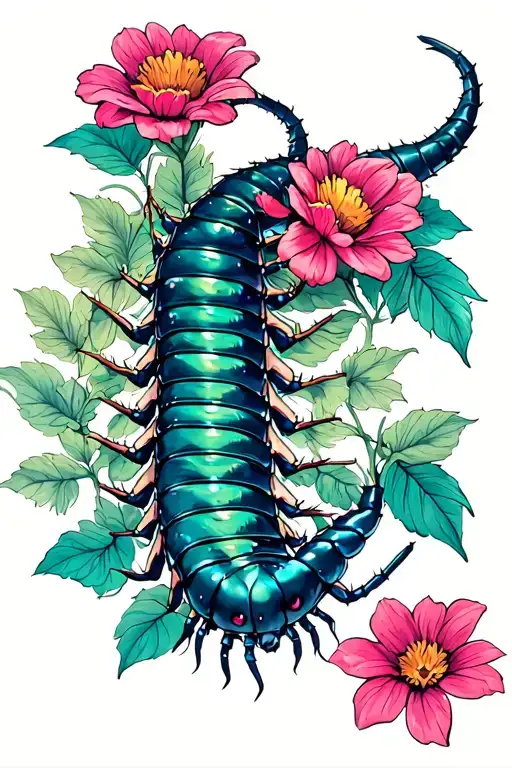 tokyo ghoul centipede with flower tattoo design idea