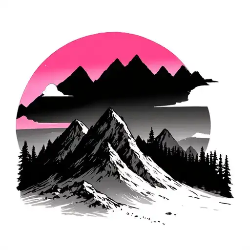 pink skies with mountains tattoo design idea
