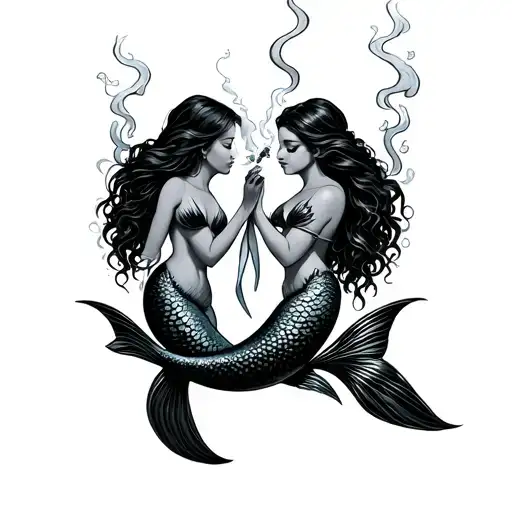 2 mermaids smoking blunts in Pisces symbol tattoo design idea