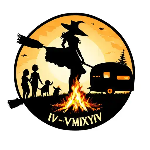 "IV V MMXIV" silhouette of busty sexy witch bride on broomstick over a campsite with a trailer and campfire with children & dog tattoo design idea